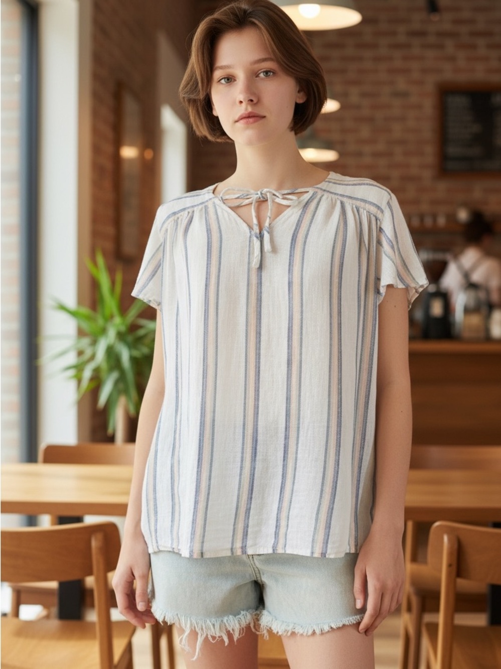 Rails Striped Tie-Neck Blouse in White and Light Blue in medium euc beautiful